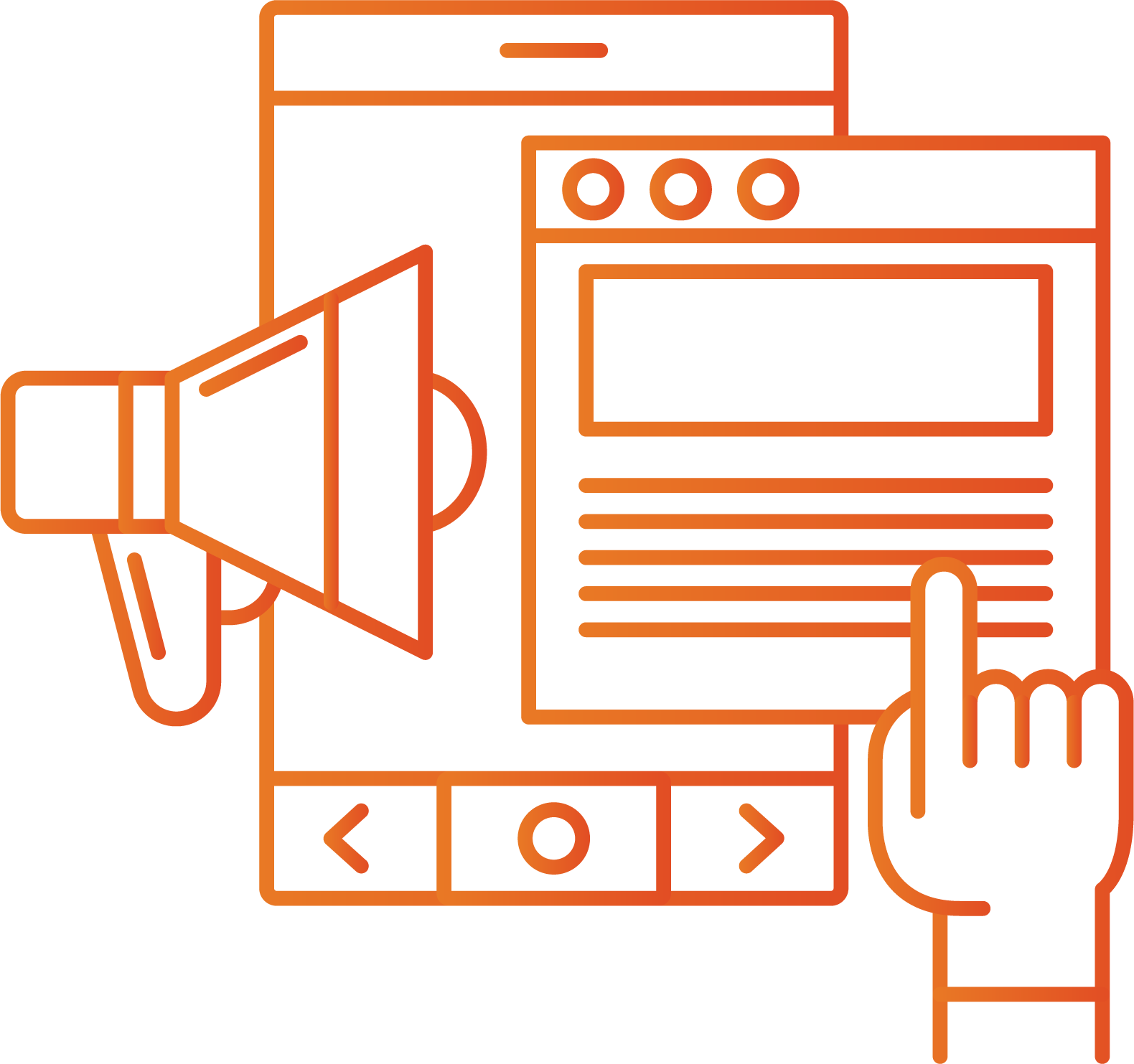 Icon showing a tablet, megaphone and webpage with a hand pointing out features